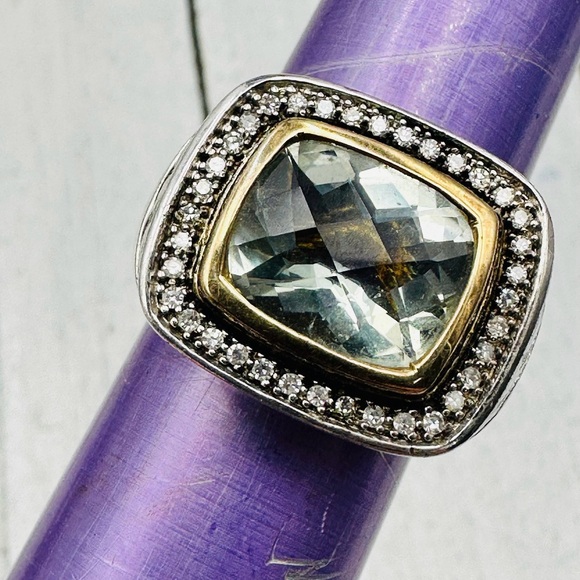 14K Green Amethyst and Diamonds Sterling Silver Ring Size 7 - Picture 2 of 5